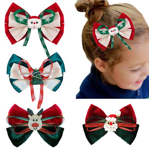 4Pcs Christmas Cartoon Hair Bow Clips for Girls Boutique Hair Pins Santa Claus Reindeer Antlers Bow Hair Barrettes Holiday Hair Accessories for Baby Toddlers Kids Christmas Gifts (Christmas A)