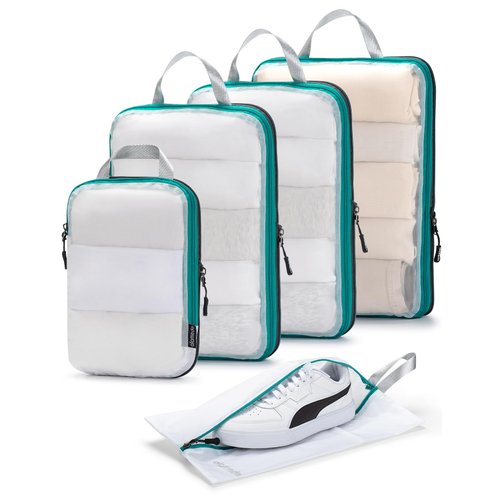 Compression Packing Cubes for Travel with See Through Mesh - Alameda 5 Set Packing Cubes for Carry on Suitcase, Luggage Organizer Bags for Travel Essentials with Shoe Bag, White