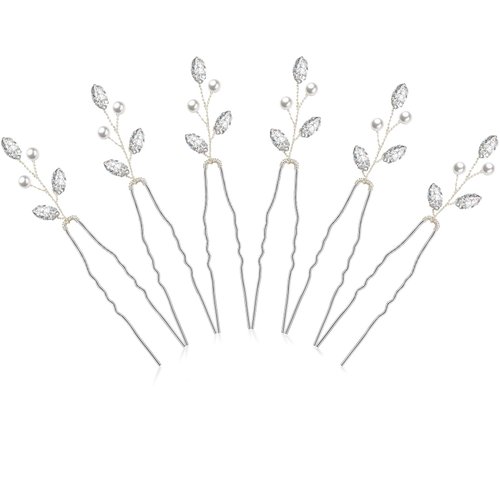 Syhood 6 Pieces Pearl Crystal Bridal 3.7 Inch Hair Pins Rhinestone Flower Wedding Hair Pins Vintage Hair Accessory Party Hair Pins for Bride, Bridesmaids(Silver)