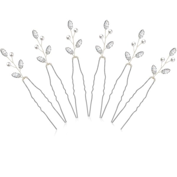 Syhood 6 Pieces Pearl Crystal Bridal 3.7 Inch Hair Pins Rhinestone Flower Wedding Hair Pins Vintage Hair Accessory Party Hair Pins for Bride, Bridesmaids(Silver)