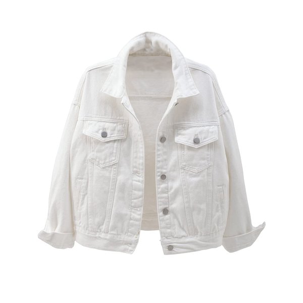 Locachy Women's Casual Denim Jacket Solid Color Basic Long Sleeve Jean Jacket Coat White M