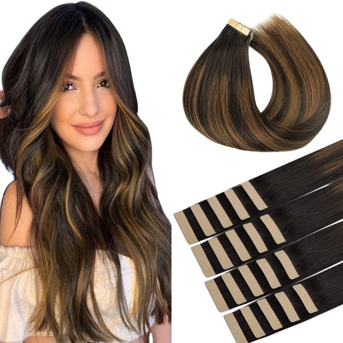 HOTBANANA Tape in Hair Extensions, 14 Inch Tape in Hair Extensions Human Hair 20pcs 50g Dark Brown Mixed Medium Brown Balayage Tape Hair Extensions Straight Remy Human Hair Tape in Extensions
