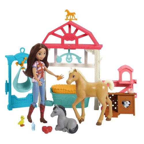 Mattel Spirit Doll & Playset, Lucky’s Foal Nursery with Lucky Doll (7-inch), 4 Animal Figures, Caretaking Area & Accessories Including Scale, Mobile & Hoof-Activated Cradle