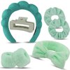 AUDTOPE 7Pcs Spa Headband and Wristband Set, Face Wash Headband Makeup Skincare Headband Wrist Bands Thick Puffy Sponge Bubble Headband Wrist Scrunchies Claw Clips for Washing Face, Green