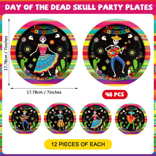 Qyeahkj 48PCS Day of the Dead Skull Party Plate 7 Inch Sugar Skull Paper Dinner Plates Dia De Los Muertos Party Decorations Mexican Fiesta Tableware for Carnival Holiday Mexican Theme Party Supplies