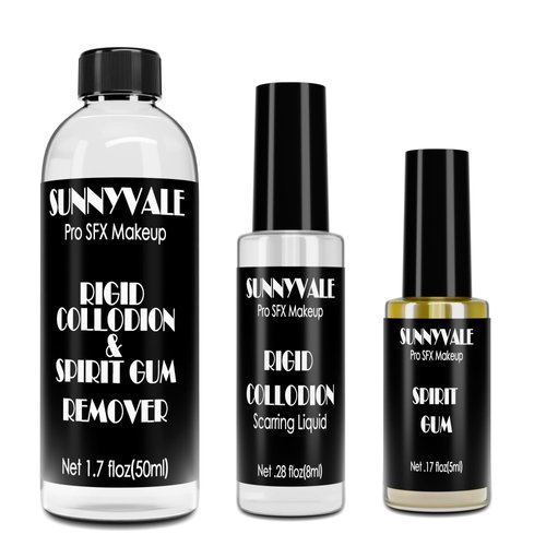 SUNNYVALE Spirit Gum Adhesive + Rigid Collodion + Remover Kit - 5ml Scarring Liquid + 8ml Body Glue for Skin with SFX Makeup Remover 50ml, Professional for Halloween, Costume, Stage, Cosplay Makeup