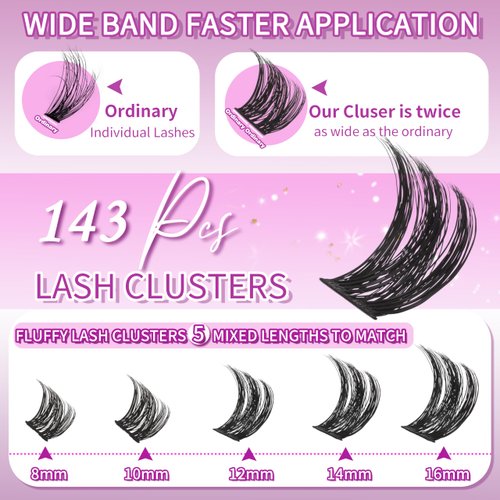 Fluffy Lash Clusters 8-16mm Thick Cluster Eyelash Extensions 143 PCS D Curl Volume Lash Clusters Wide Band Individual Lashes False Eyelashes DIY at Home Beginner Friendly, by Anforlin