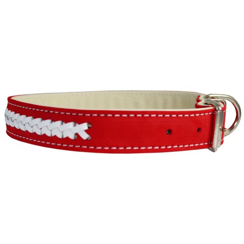 Nubuck Leather Braided Dog Collar, Red 23"x1" Wide. Fits 17"-21" Neck Size, Padded