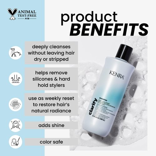 Kenra Clarify Shampoo | Deep Cleansing | Color-Safe | Removes Dulling Deposits & Product Build Up | Brightens Highlighted, Bleached, or Gray Hair | Adds Shine | All Hair Types | 10.1 fl. oz.