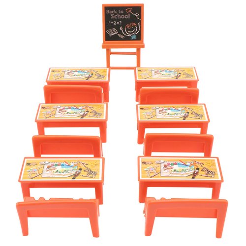 VILLCASE Mini Classroom Furniture Set, Dollhouse Desk Chair Chalkboard Miniature School Playset, Miniature School Desk and Chair Chalk Board Model Mini Doll School Supplies for Doll House