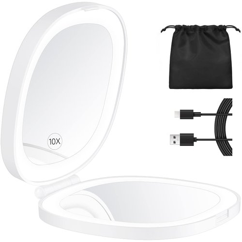 KEDSUM Lighted Compact Mirror, 1X/10X Magnifying Mirror, Travel Makeup Mirror with Rechargeable LED Lights, Dimmable Double Sided Folding Mirror, Portable, Daylight, USB Charging (White)