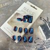 Press on Nails Short Oval, Artificial Acrylic Fake Nails with Aurora Galaxy Blue Design, Full Cover Reusable Coffin Shaped Glossy False Nails, Glue on Nails for Women Set, Stick on Nails for Nail Art