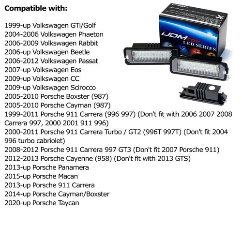 iJDMTOY OEM-Fit 3W Full LED License Plate Light Kit Compatible With Volkswagen Golf GTi CC Rabbit Eos Beetle Porsche Cayman Carrera Cayenne Boxster, 18-SMD Xenon White LED & Can-bus Error Free