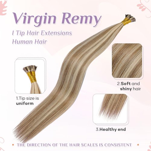 KiiKiiGirl Virgin Remy I Tip Hair Extensions Human Hair Chocolate Brown to Caramel Blonde Real Itip Human Hair Extensions 18Inch Pre Bonded I Tips Human Hair Extensions Invisible For Women 30G/Pack