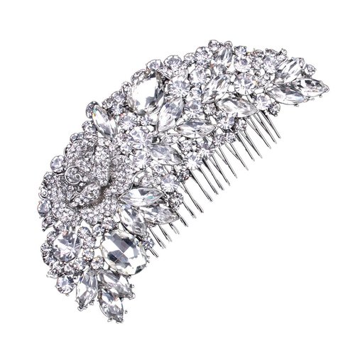 Bride Side Hair Piece Clip for Women Silver Rhinestone Wedding Hair Comb Clips (White)