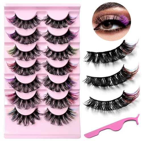 AddFavor Colored Lashes Fluffy False Eyelashes Russian Strip Lashes Wispy Faux Mink Lashes Natural Look Fake Eyelashes 7 Pairs Pack Thick Reusable D Curl Lash Strips