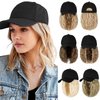 Qlenkay Baseball Cap with Hair Extensions 14inch Wavy Curly Bob Hairstyle Adjustable Wig Hat Attached Synthetic Hairpiece for Woman Light Brown Mix Ash Blonde