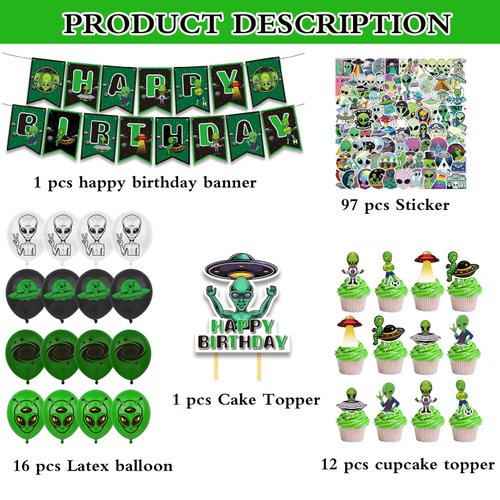 127 Pcs Alien Theme Birthday Party Supplies Include Alien Banner Balloons, Cake Topper, Cupcake Toppers, Stickers for Kids UFO Alien Birthday Party Decorations