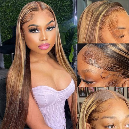 LEOSA Highlighted 13x4 HD Transparent Lace Front Wigs Straight Honey Blonde Pre Plucked Lace Front Wig for Black Women Blonde Highlight Frontal Wig 4H27 Natural Looking Long Haired Wig