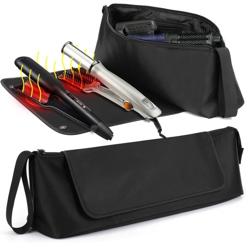 BAQRAXIA Hair Tools Travel Bag and Heat Resistant Mat for Flat Irons, Straighteners, Curling Iron, and Haircare Accessories, 2-in-1 design, with Interior Pockets (Black-18 inch)