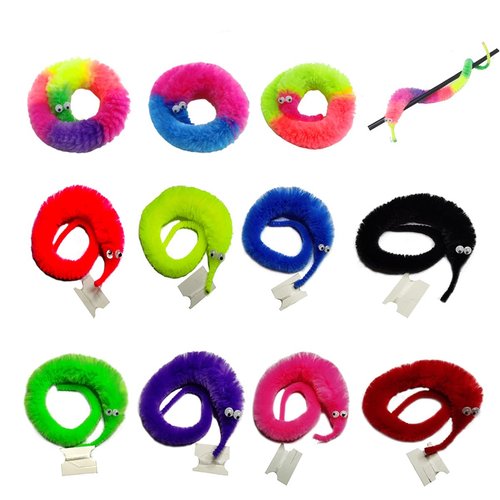 LE TOOTER 100 Pieces Fuzzy Worm Toys Fluffy Toy Worms Rainbow Worms on String Bulk Trick Toys Carnival Party Favors for Kid Cat