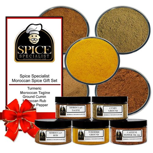 Moroccan Spice Gift Set- Contains: 5 different spice jars (1 each of: Ground Cumin, Moroccan Rub, Turmeric, Cayenne Pepper and Moroccan Tagine Seasoning.)