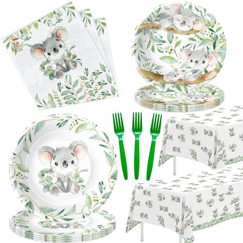 APOWBLS Koala Birthday Party Supplies - Koala Theme Baby Shower Birthday Decorations Tableware, Plates, Napkins, Tablecloth, Forks, Safari Jungle Animal Australian Koala Bear Party Supplies | Serve 24