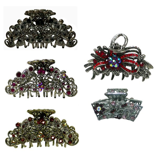 JCGY Combo Set of 5 Jaw Clips Metal Hair Claws in 2 Unique Styles RW6132jet/Fuchsia/Stopaz6207purRed