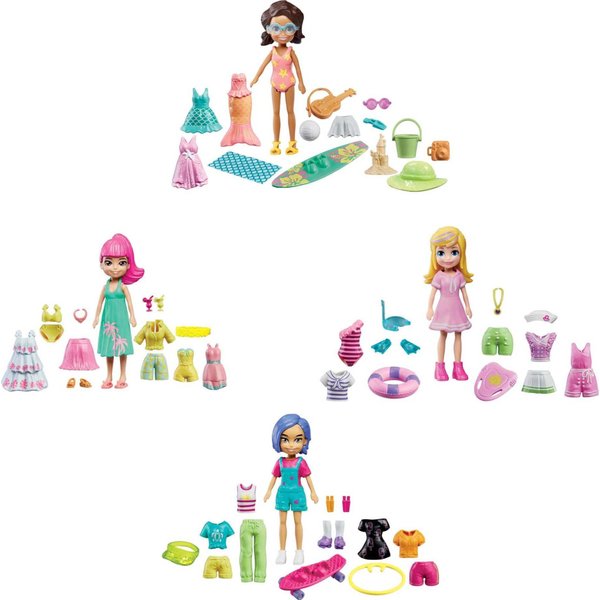 Polly Pocket Travel Toy Playset with 4 (3-inch) Dolls & 50+ Fashion Accessories, Splashin' Style Fashion Pack