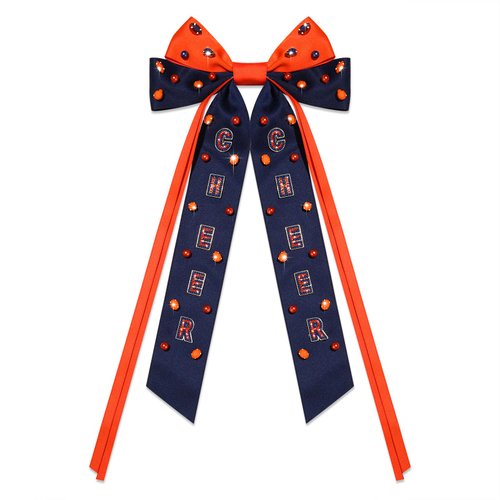 Vokone Game Day Hair Bows for Women Beaded CHEER Hair Bow Clip Jeweled Crystal Silky Satin Ribbon Bow Barrette Hair Clip Football Sports Fan Team Accessories Chee Orange Navy