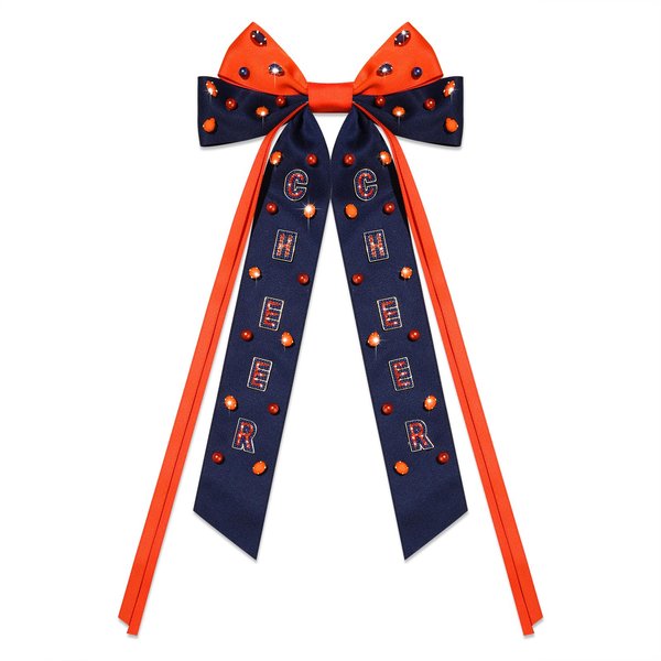 Vokone Game Day Hair Bows for Women Beaded CHEER Hair Bow Clip Jeweled Crystal Silky Satin Ribbon Bow Barrette Hair Clip Football Sports Fan Team Accessories Chee Orange Navy