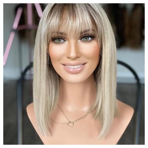 MoCulot Mid-length Layered Topper Wig With Bangs,Ombre Ash Blonde Wigs for Women Light Blonde Straight Wig with Curtain Bangs Shoulder Length Natural Synthetic Wig for Daily Use