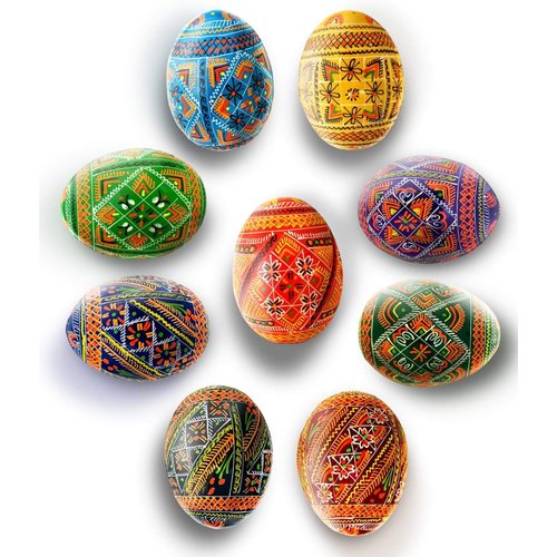 Set of 9 Hand Painted Wooden Ukrainian Easter Eggs 2.5 Inches, Geometric Design