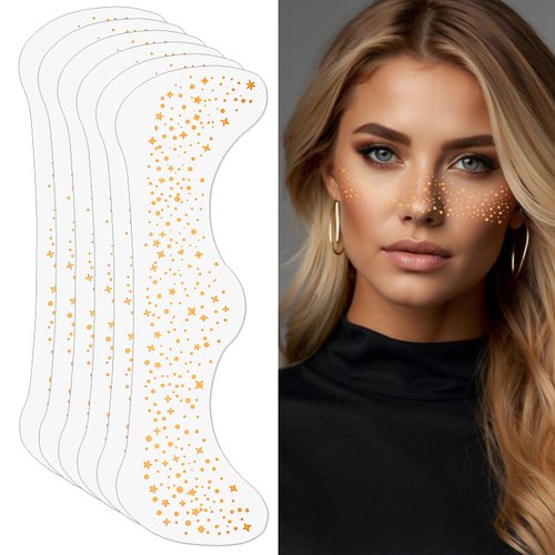 Nogeqi 6 Count Sparkly Star Freckles Temporary Tattoos, Glitter Freckles Face Tattoo Gold, Waterproof Freckle Glitter for Women, Temporary Tattoo Freckles Makeup Patches Festival Rave Accessories