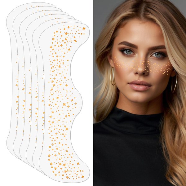 Nogeqi 6 Count Sparkly Star Freckles Temporary Tattoos, Glitter Freckles Face Tattoo Gold, Waterproof Freckle Glitter for Women, Temporary Tattoo Freckles Makeup Patches Festival Rave Accessories
