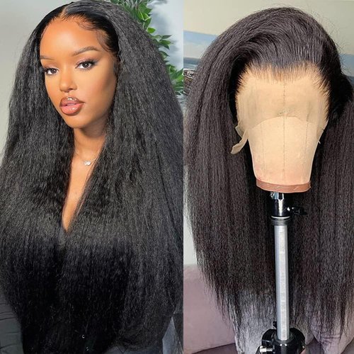 LANHEUNI 26 Inch Kinky Straight Lace Front Human Hair Wig Skinlike Kinky Straight Yaki 13x4 HD Lace Front Wigs Human Hair 180% Density Kinky Yaki Straight Lace Frontal Wigs for Black Women