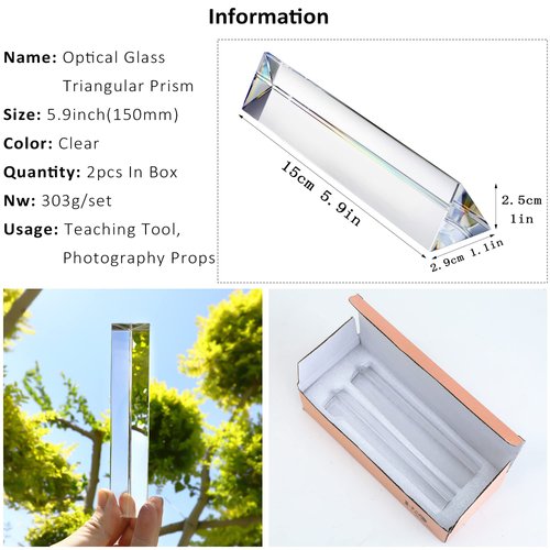 QFkris 2 Pack 6inch Crystal Optical Glass Triangular Prism Clear Triple Prism for Photography Effects Physics Teaching Light Spectrum Optics Kits,Clear