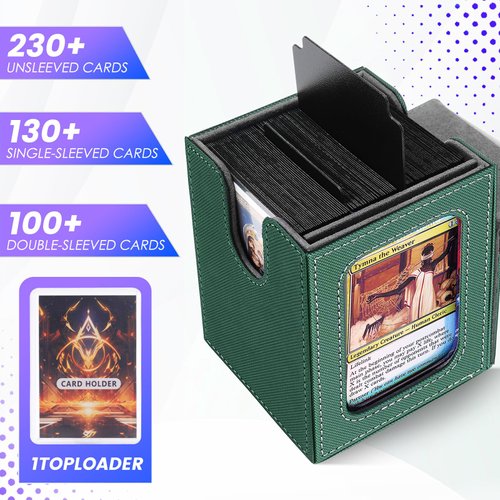 Scimi MTG Deck Box for Commander Display,Card Deck Box Fits 100 Double Sleeved Cards, Magic Commander TCG Card Leather Storage Box with 2 Dividers and 1 Toploader (Green)
