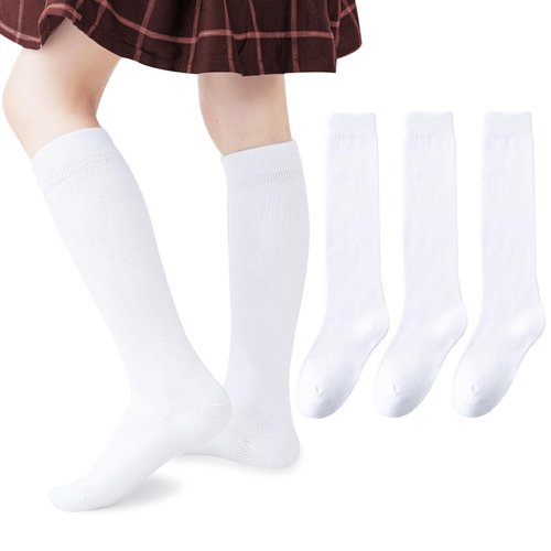 Mini angel Girls Knee High Socks Seamless Boys School Uniform Socks Kids Soccer Socks Cotton Long Socks 8-10 Years, 3 Pairs (White, L)