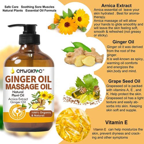 Ginger Oil,Ginger Massage Oil for Lymphatic Drainage,Natural Ginger Oil for Skin, Arnica Oil,Sore Muslce Massage Oil, Arnica Extract,Vitamin E Oil and Ginger Oil-Warming and Relaxing