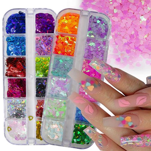 24 Colors Heart Nail Glitter Sequins Holographic Hearts Chunky Glitters Flakes Confetti for Nail Art Designs, Crafts, Resin Epoxy. (Heart)