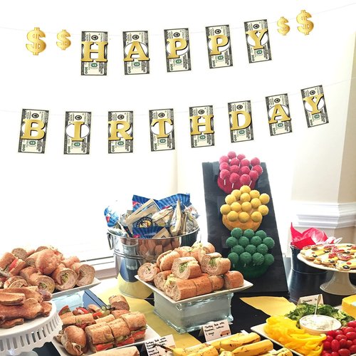 YiiiGoood Money Dollar Bill Signs Theme Paper Happy Birthday Banner Bill Pennant Banner Birthday Party Decorations Party Supplies