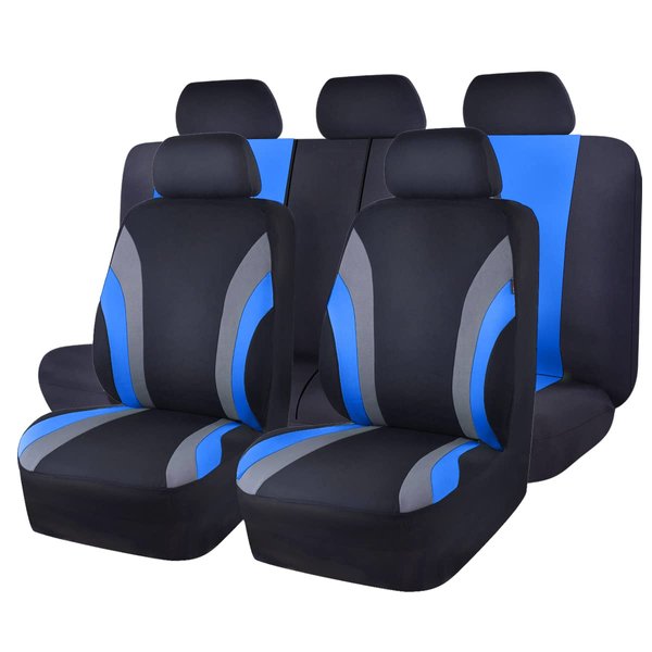 CAR PASS Line Rider Sporty Cloth 11PCS Universal Fit Car Seat Cover -100% Breathable with 5mm Composite Sponge Inside,Airbag Compatible,3zipper Bench(Full Set, Black and Blue)