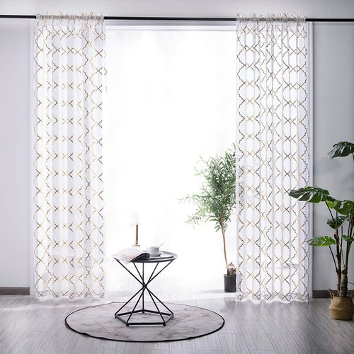 YJ YANJUN White Sheer Curtains 84 inches Long Trellis Gold Foil Curtains for Living Room Bedroom Set of 2 Panles, 52 x 84 inch