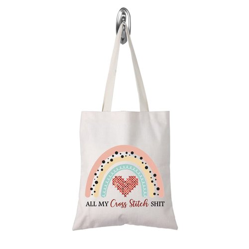 TSOTMO Cross Stitch Lover Gift All My Cross Stitch Shit Boho Rainbow Design Cross Stitch Accessories Tote Bag (Cross stitch shitTote)