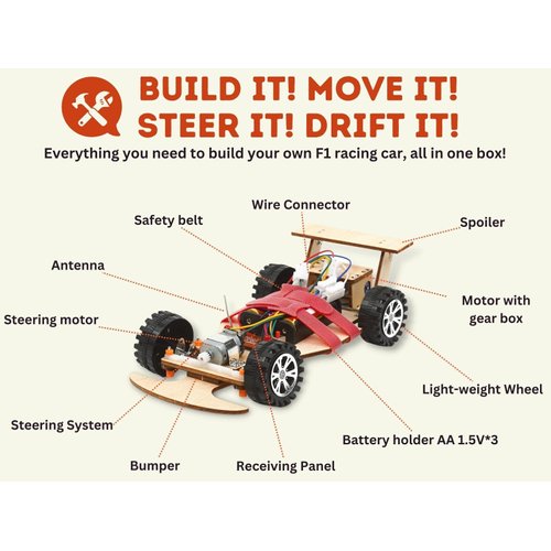 Pica Toys Wooden Wireless Remote Control F1 Racing Car Science Kit to Build (Red), STEM Project for Kids Aged 9 10 11 12 13, Science Building Kit Gift for Boys and Girls