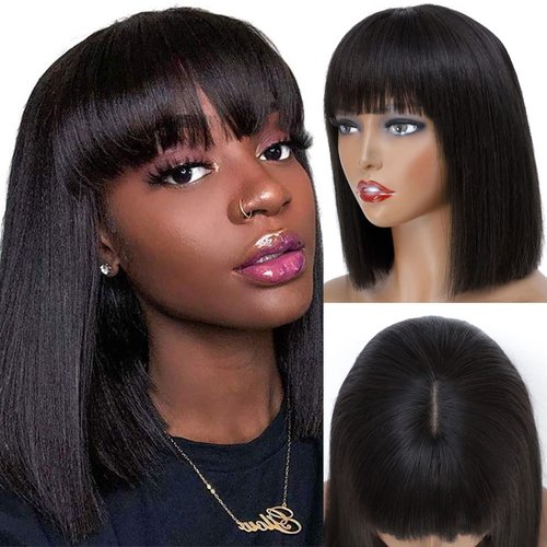 Punmasa Wear and Go 10" Yaki Straight Short Bob Wig Human Hair With Bangs, 2x1 Lace Glueless Cut Bob Wigs Realistic Look Scalp Bob Bangs Wigs For Women Natural Color Brazilian Human Virgin Hair Wigs