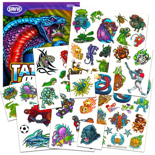 Assorted Tattoos for Kids Boys - 50 Temporary Tattoos Featuring Shark Bug Dinosaur Dragon Sports Pirate Robot Alien Animal Designs (Kids Body Stickers Pack)
