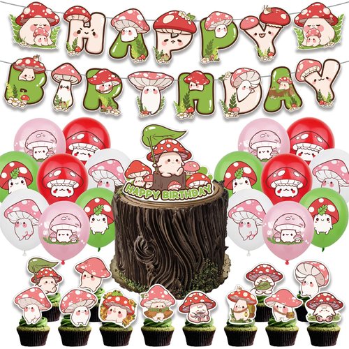 Jungle Mushroom Birthday Party Supplies Set for Kids Girls, Includes Mushroom Happy Birthday Banner, Cake Topper, Cupcake Toppers, Balloons for Fairy Gardens Theme Birthday Party Decorations