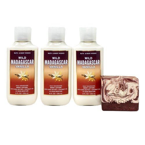 Bath & Body Works Wild Madagascar Vanilla 3 Pack Body Lotion Bundle with a Cherry On Top Bar Soap - Full Size